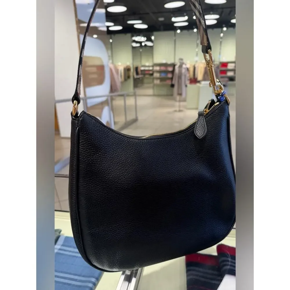 Burberry Black Pebbled Leather with Check Shoulder/hobo bag New - Picture 4 of 7